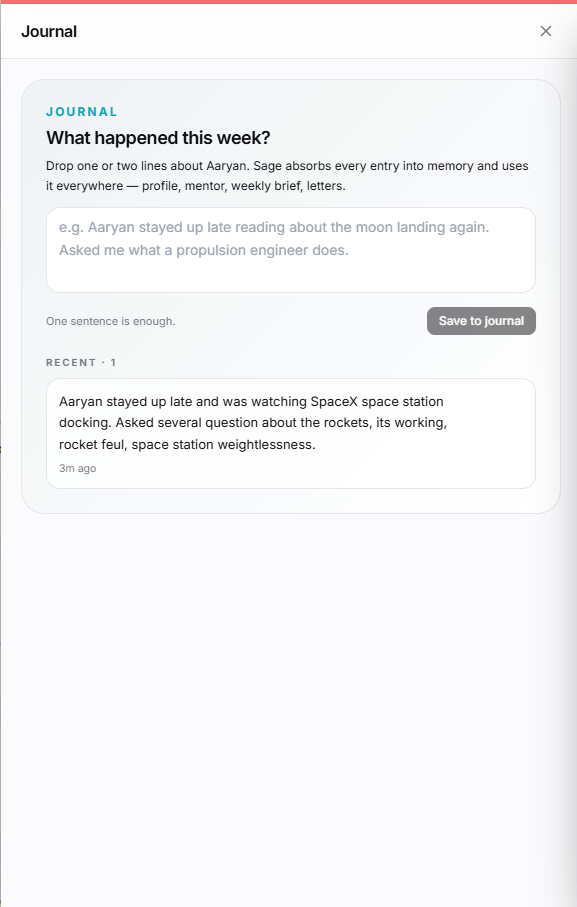 The journal screen on mobile — single-line capture and recent entries
