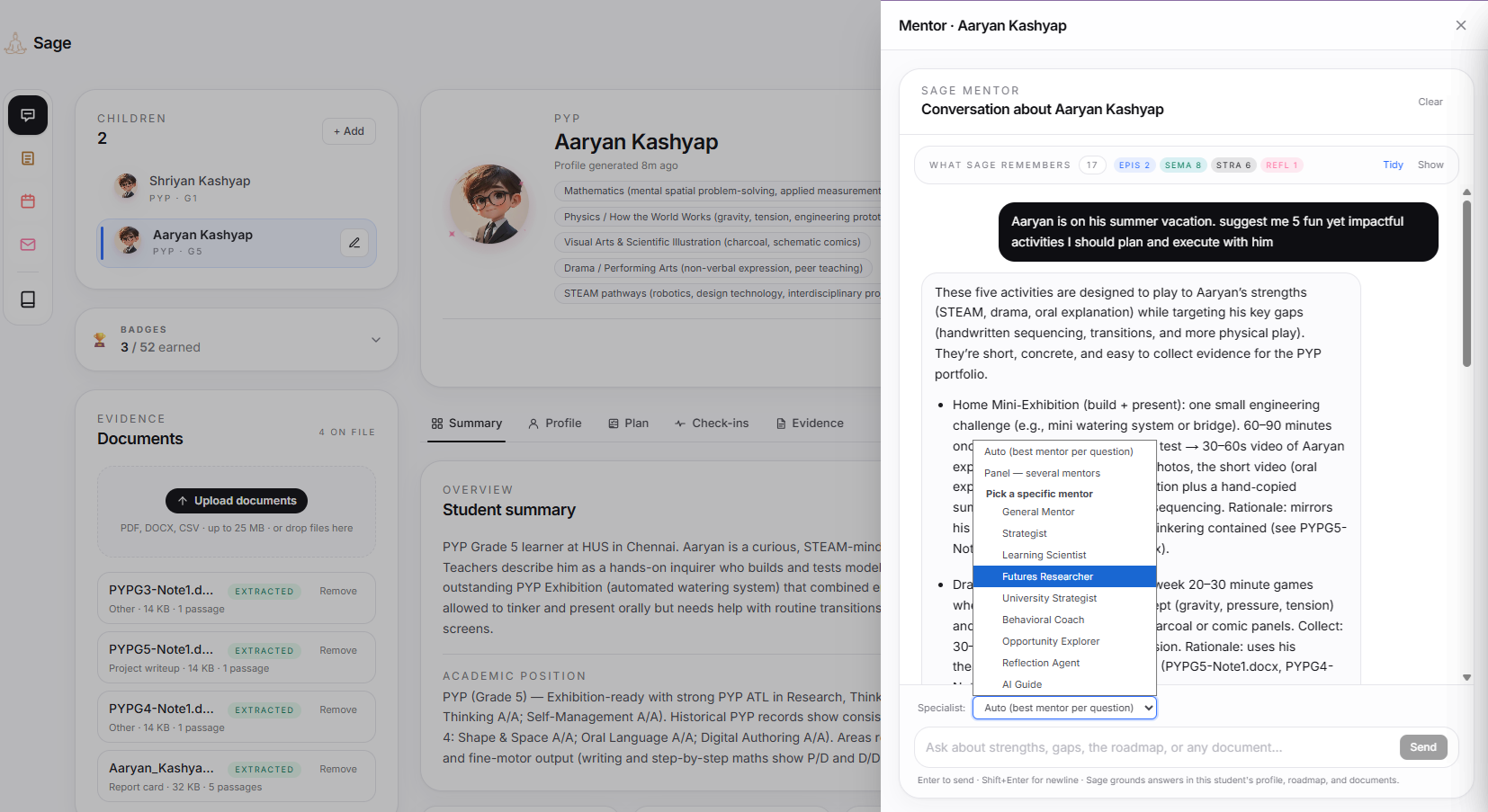 Sage mentor conversation with PDF artifact below the reply